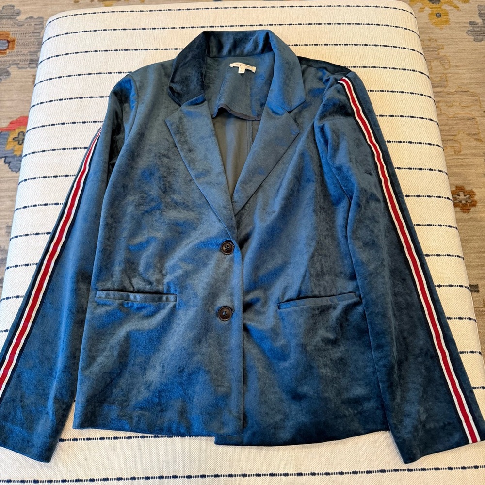 Mystree Navy Velvet Blazer with Striped Accents
